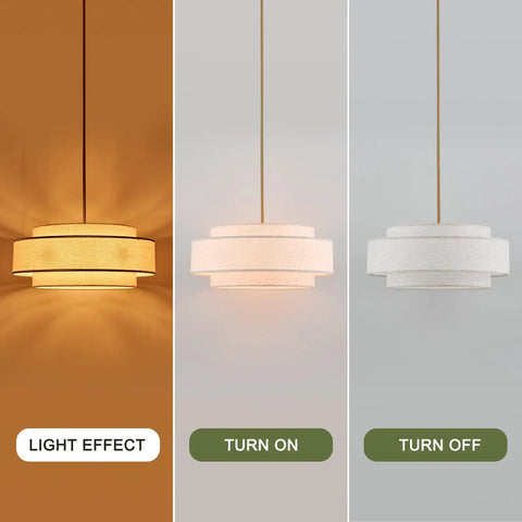 Totally Iconic 24 Inch Linen Drum Chandelier With Six Warm Lights Featuring Sleek Gold Frame and Three Tier Vintage Farmhouse Design shows light effects.