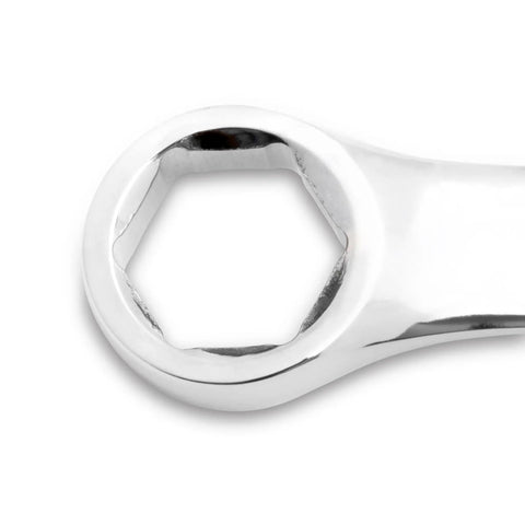 Close-up of 6-point box end from 14 Piece 6 Point SAE Combination Wrench Set With Off Corner Loading Box Ends For A Beefy Grip And Less Rounding