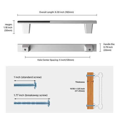 Diagram of Four Pack Two Tone Silver And Black Cabinet Handles And Drawer Knobs 5 Inch Square Zinc Alloy Kitchen Cabinet Pulls details