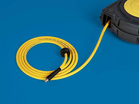 Retractable Air Tool Hose Reel With Polypropylene Case And Three Eighth Inch By Fifty Foot Premium Hybrid Polymer Hose Heavy Duty