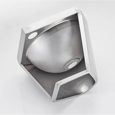 Bathroom Sink Wall-Mounted Corner Bathroom Sink Stainless Steel Round Sink showing unique corner design and polished surface.