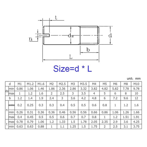 Diagram and size chart for Ten Pack M6 M8 M10 304 Stainless Steel Solid Dowel Pins With Slotted Head For Easy Installation.