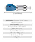 Blue Moocci SM9/125 hybrid fiber optic adapter FC/UPC male to LC/UPC female with knurled metal grip.