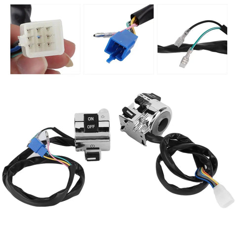 Universal 25mm Motorcycle Handlebar Switch Pair with rubber buttons for headlight, turn signal and horn control.