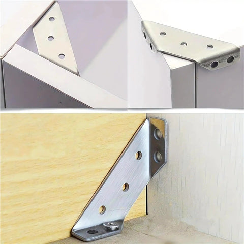 Forty Pack Heavy Duty Steel Corner Brackets With Hardware Knockout Strength Angle Supports For Tables And Shelves Rust Proof 90 Degree Anchor No Sweat Diy Upgrade showing brackets securing corners of shelves and tables.