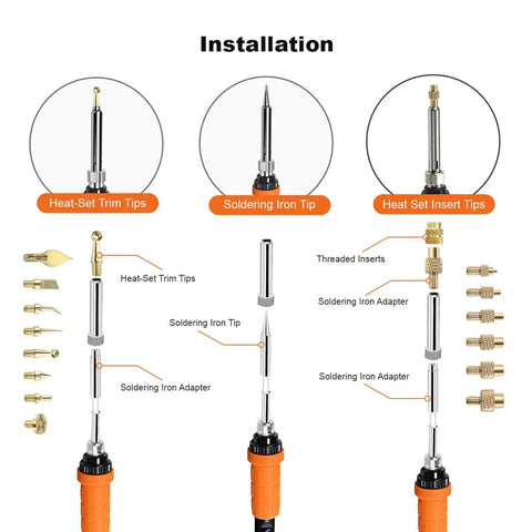 90W Digital Soldering Iron Kit With Heat Set Inserts And Extra Tips For 3D Printing display showing various soldering tips and adapters