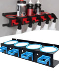 Badass Cold Rolled Steel Wall Mounted Spray Bottle Holder Locks Down Four Cans For Detailing with blue hooks and jars