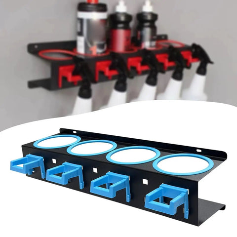 Badass Cold Rolled Steel Wall Mounted Spray Bottle Holder Locks Down Four Cans For Detailing with blue hooks and jars
