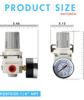 Shop Ready Pro Grade One Quarter Inch NPT Air Regulator With Gauge For Compressors Locking Knob And Steel Protected Gauge 0-125 PSI Range Max Inlet 145 PSI 20 SCFM At 90 PSI Ideal For Air Drying Systems And Everyday Shop Use shown with dimensions