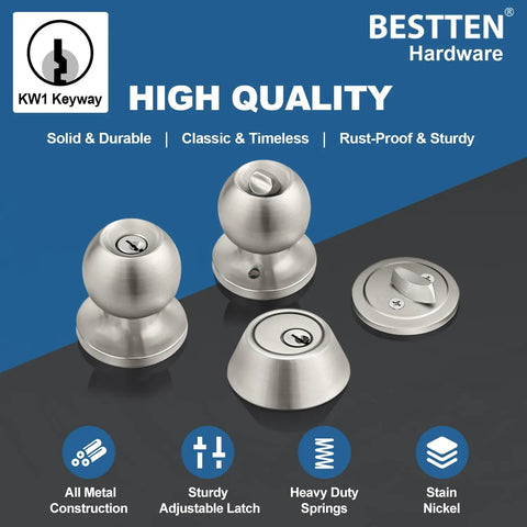Keyed Alike Exterior Door Knob And Deadbolt Combo Set For Entrance And Front Door, Satin Nickel Finish, product pieces displayed