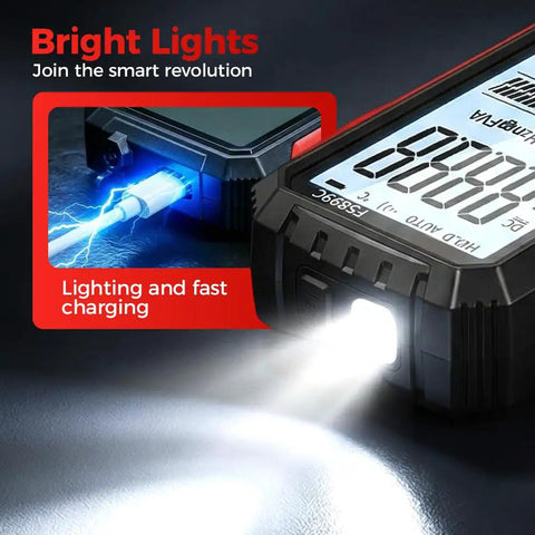 True RMS Digital Multimeter With 6000 Counts Color Screen Auto Display showcasing LED flashlight and USB charging.