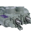 Beefy Heavy Duty Hydraulic Valve For Twin Spool Systems With 25 GPM Flow, Four Way Three Position, Tandem Center, Cast Iron, 3000 PSI, Lever Handle, In Out Three Quarter Inch NPTF, Compatible With Double Acting Valves Nine Six Seven Zero Two close-up