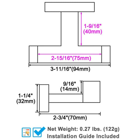 Diagram of Double Towel Hook Matte Black Stainless Steel Bathroom Towel Holder Wall Mount For Towels Robes Coats And Bags SUS304
