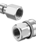 Two stainless steel 3/8-inch NPT quick-connect adapters (male and female) with internal threads.