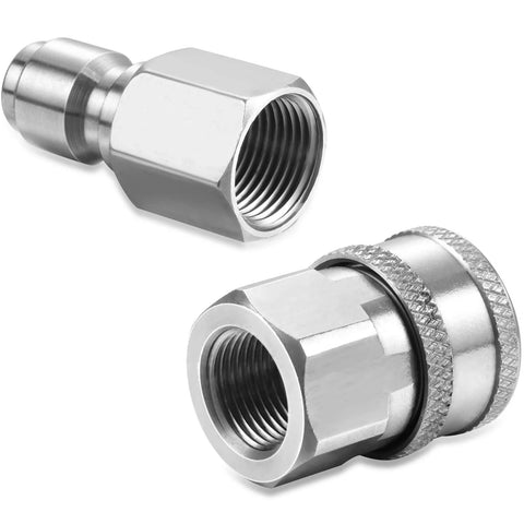 Two stainless steel 3/8-inch NPT quick-connect adapters (male and female) with internal threads.