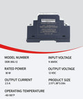 Ultra Slim Din Rail Power Supply 12 Volt 2.5 Amp 30 Watt back view with model number and technical specifications visible.