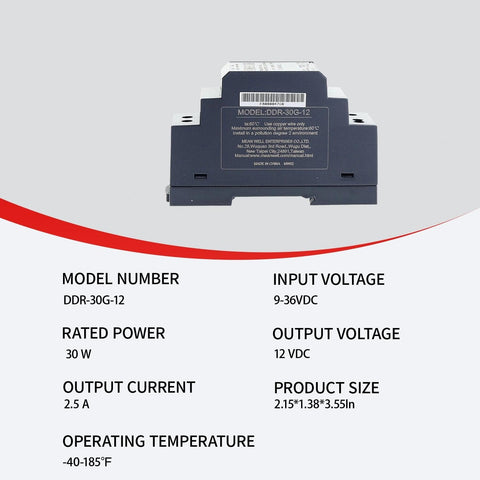 Ultra Slim Din Rail Power Supply 12 Volt 2.5 Amp 30 Watt back view with model number and technical specifications visible.