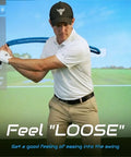 Man using 420g Weighted Golf Swing Rope Trainer That Feels Like a Real 7 Iron to Build Tempo and Rhythm Lag Feedback for Faster Swing Speed Indoor Outdoor Warm Up Practice Gear With Convenient Storage Bag indoors