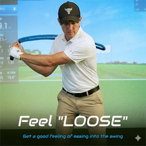 Man using 420g Weighted Golf Swing Rope Trainer That Feels Like a Real 7 Iron to Build Tempo and Rhythm Lag Feedback for Faster Swing Speed Indoor Outdoor Warm Up Practice Gear With Convenient Storage Bag indoors