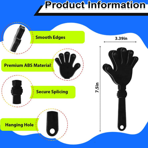 Diagram detailing the 8 Pack 7.5 Inch Plastic Hand Clappers Noisemakers features including size, ABS material, and design.