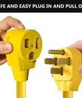 Heavy Duty Welder Adapter Cord 50 Amp NEMA 14-50P To 6-50R RV Plug, yellow 4 prong to 3 prong adapter shown in hand