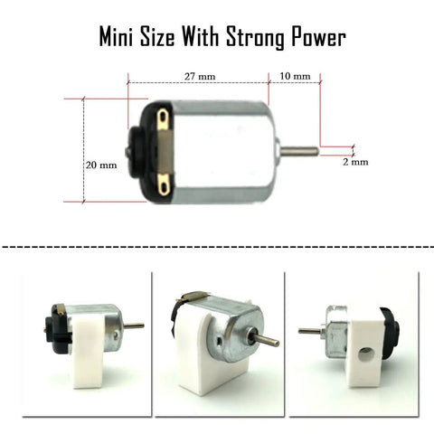 18 Piece 3V DC Motor Kit For STEM Projects And Toys With 24000 RPM Gear Train 252 Plastic Gears Includes 2 AA Battery Holder And Wires Kid Friendly Fun Hands On Learning Set, showing motor dimensions and views.