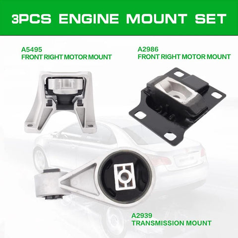 Beefy Heavy Duty Engine Mount Set For Ford Transit Connect 2010 To 2013 2.0L And Ford Focus 2003 To 2007 2.3L With 2005 To 2007 2.0L OE A2939 A2986 A5495 Direct Fit Three Piece Vibration Dampening Kit displayed with labeled components including A5495 front right motor mount, A2986 front right motor mount, and A2939 transmission mount against a car outline.