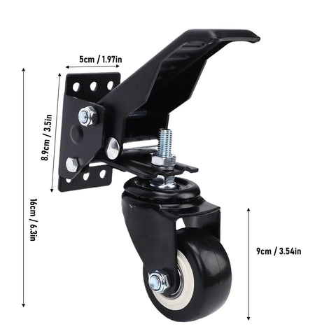 Hella Sturdy Workbench Casters Kit With Pedal Operated Lift Lower Mechanism, steel swivel wheel with black finish and measurements.