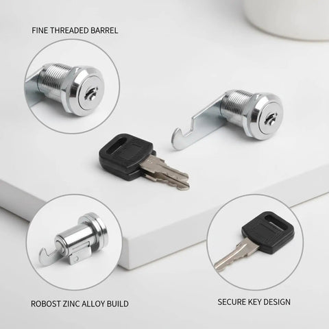 Cabinet Cam Lock Replacement For Office Desks And Wardrobes, Zinc Alloy Silver Finish, with two keys displayed on white surface