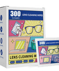 Front view of Amazon 300-count pre-moistened lens cleaning wipes box with multicolor packaging for glasses and screens.