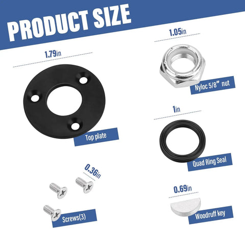 All In One Hydraulic Helm Seal Service Kit HP6032 components size diagram with top plate, nyloc nut, quad ring seal, screws, woodruff key