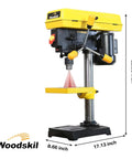 8 Inch Drill Press With Laser Guide, 2.3 Amp 5 Speed Bench Drill Press, Cast Iron Worktable, front view with dimensions highlighted