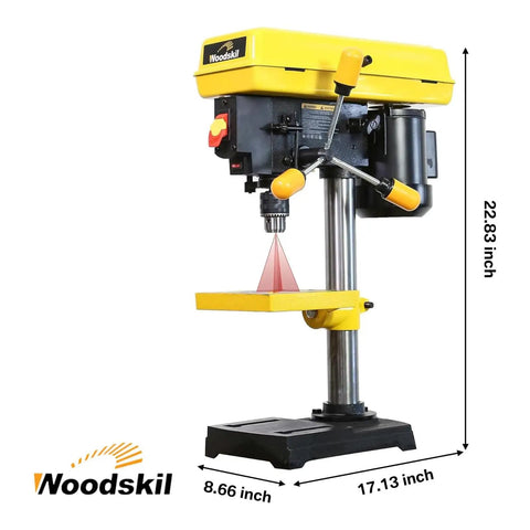 8 Inch Drill Press With Laser Guide, 2.3 Amp 5 Speed Bench Drill Press, Cast Iron Worktable, front view with dimensions highlighted