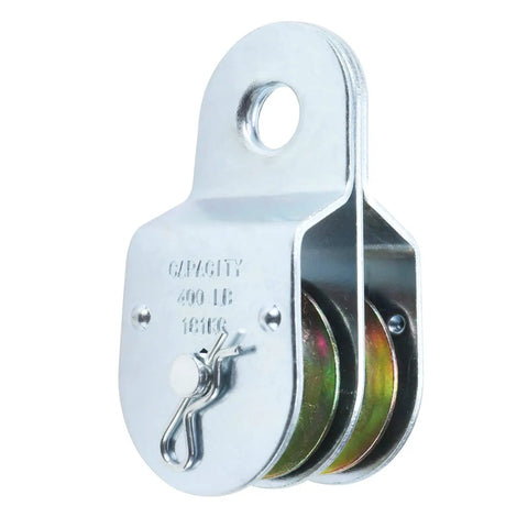 Badass Heavy Duty Two Pack One Point Five Inch Steel Double Pulleys Rated Solid For 400 Lbs Zinc Coated showing one pulley side view.