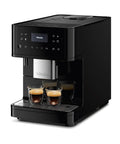 Sleek Fully Automatic Coffee And Espresso Machine With Silent Steel Grinding Chamber For Killer Cup Creations And Rich Silky Milk Foam For Serious Home Baristas, showing two espresso shots.