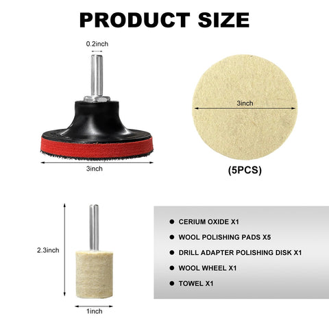 Glass Polishing Kit For Scratch Removal With 100g Cerium Oxide Powder, 3-inch Felt Buffing Pads and Wheels, 10 Piece Set