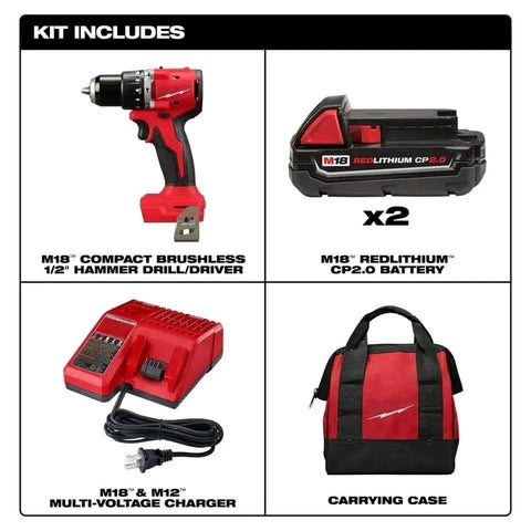 Hardcore Cordless Brushless Drill Driver Kit With One Half Inch Chuck And Hammer Capability Featuring All Day Runtime Top Shelf Performance And A Tough As Nails Design Made For Heavy Workloads And Professional Daily Use components including drill, batteries, charger, and carrying case.