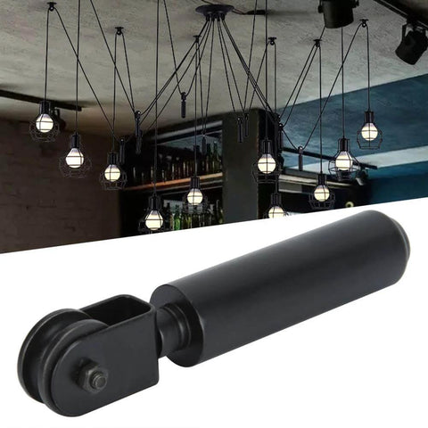 Industrial Pendant Lamp Hanging Chandelier Pulley System Kit With Wire Pulleys Bearing Rod And Lifting Accessories shown installed