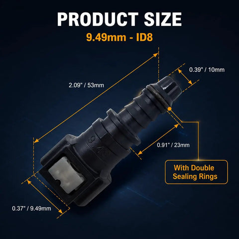 Heavy Duty Two Pack 3/8 Fuel Line Quick Connectors with dimensions, showing 9.49mm size and double sealing rings for Jeep use.