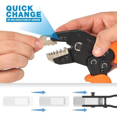 Quick Change Ratcheting Crimping Tool Kit For Auto Wiring shown with quick-change die insertion