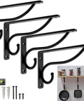 Beefy Heavy Duty 10 Inch Closet Rod Bracket 4 Pack Wall Mounted Shelf Hooks for Curtains, Garages, Kitchens and Tools, Black Steel Rod Supports