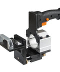 Top Shelf Palm Router Trimmer With Fixed Support Base And Adjustable Slotting Jig Bracket For Zero Hassle Wood Trimming and Rock Solid Electric Router Mount side view with handle and base.