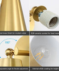 Gold Wall Sconces Set Of Two, 180 Degree Adjustable Mid Century Modern Sconce Lighting, brushed brass finish, socket detail