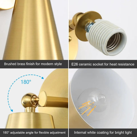 Gold Wall Sconces Set Of Two, 180 Degree Adjustable Mid Century Modern Sconce Lighting, brushed brass finish, socket detail