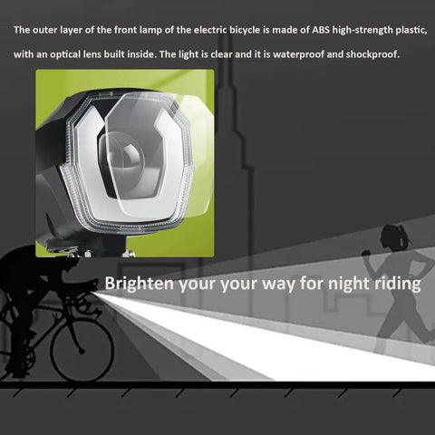 Front LED Headlight for Electric Bikes With Built In Horn 3 Pin Waterproof Connector Compatible With 36V 48V 52V 60V Night Riding Bright Bicycle Horn Light