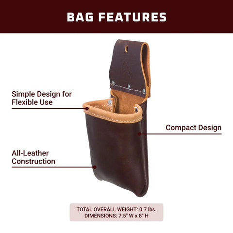 Pro Leather Utility Bag With One Pocket Simple Compact Leather Pouch For Tools And Fasteners Made In USA shown with features