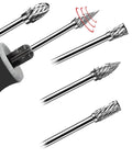 Carbide rotary burrs set, 1/8 inch shank, five double-cut bits shown for metal, wood, and glass engraving.