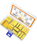 Six Value MKP Safety Capacitor Kit Set With 22 Pieces, 275VAC X2, capacitors in yellow case, open view showing compartments.