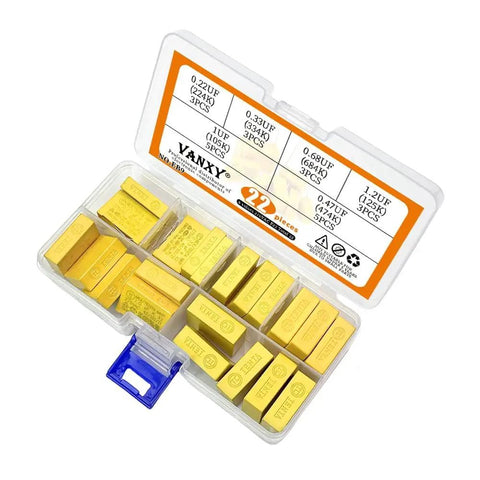 Six Value MKP Safety Capacitor Kit Set With 22 Pieces, 275VAC X2, capacitors in yellow case, open view showing compartments.