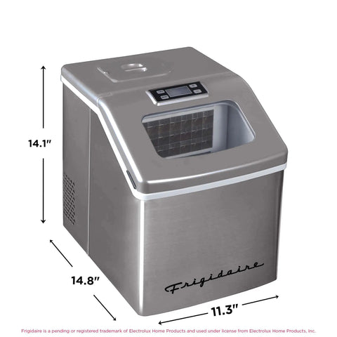 Big Capacity Clear Ice Maker For Home Bar 40 Lbs Output Stainless Steel Creates Crystal Clear Square Ice Cubes Fast For Beers Sodas And Cocktails A Game Changer Countertop Ice Machine displayed with dimensions